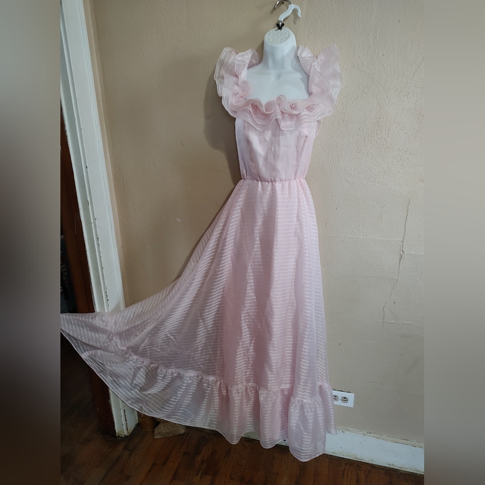 Vintage 50's Pink White Striped Off Shoulder Maxi Formal Ruffle Dress SZ XSmall